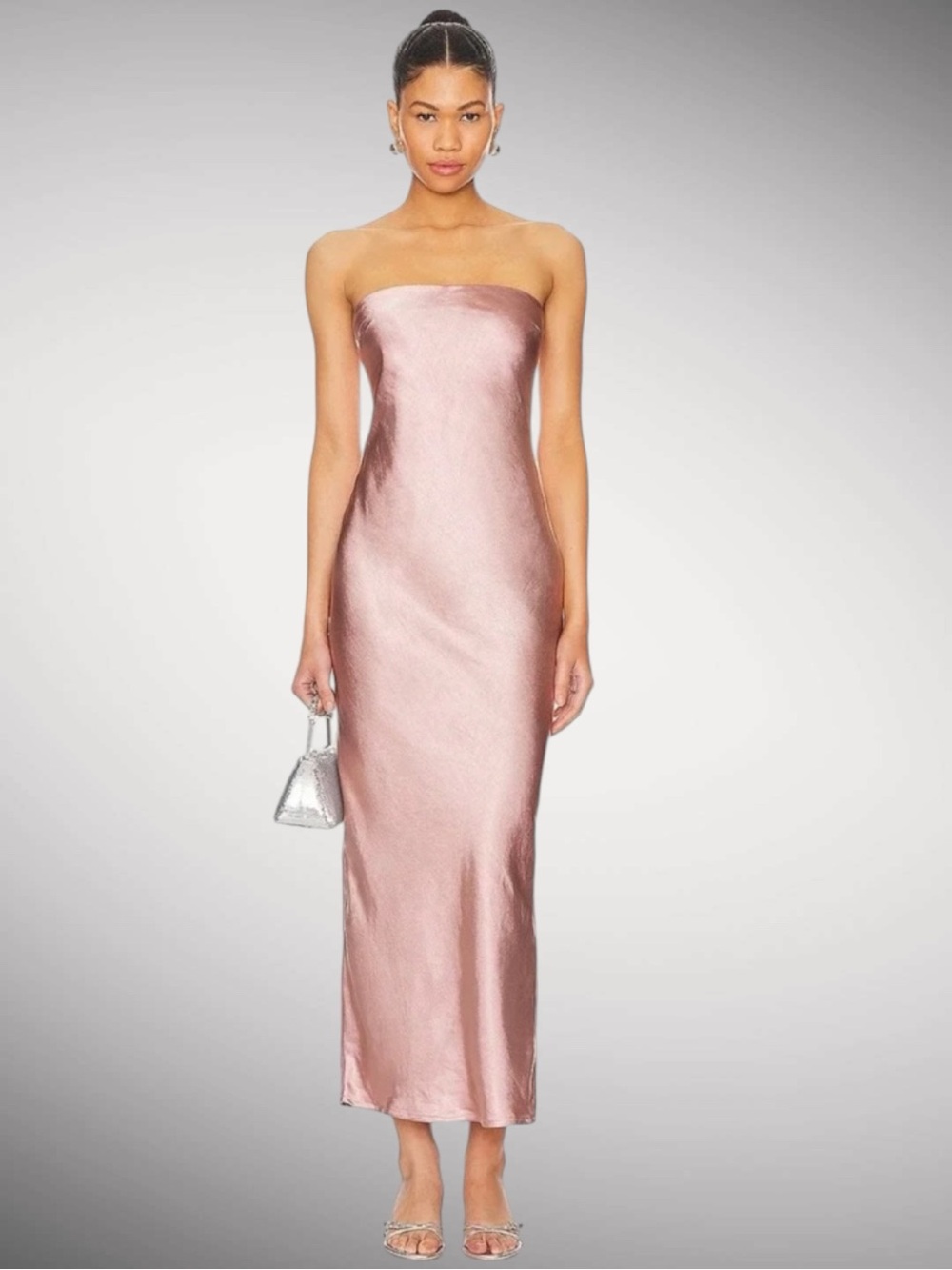 Revolve MORE TO COME Emma Strapless Maxi Dress Gown in Blush Satin